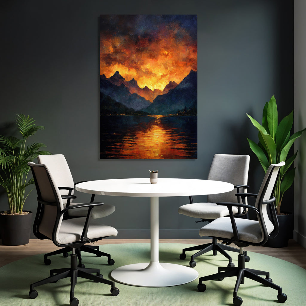 Dramatischer Sonnenuntergang Über Berglandschaft Mit Spiegelung