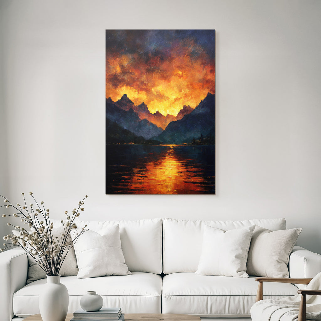 Dramatischer Sonnenuntergang Über Berglandschaft Mit Spiegelung