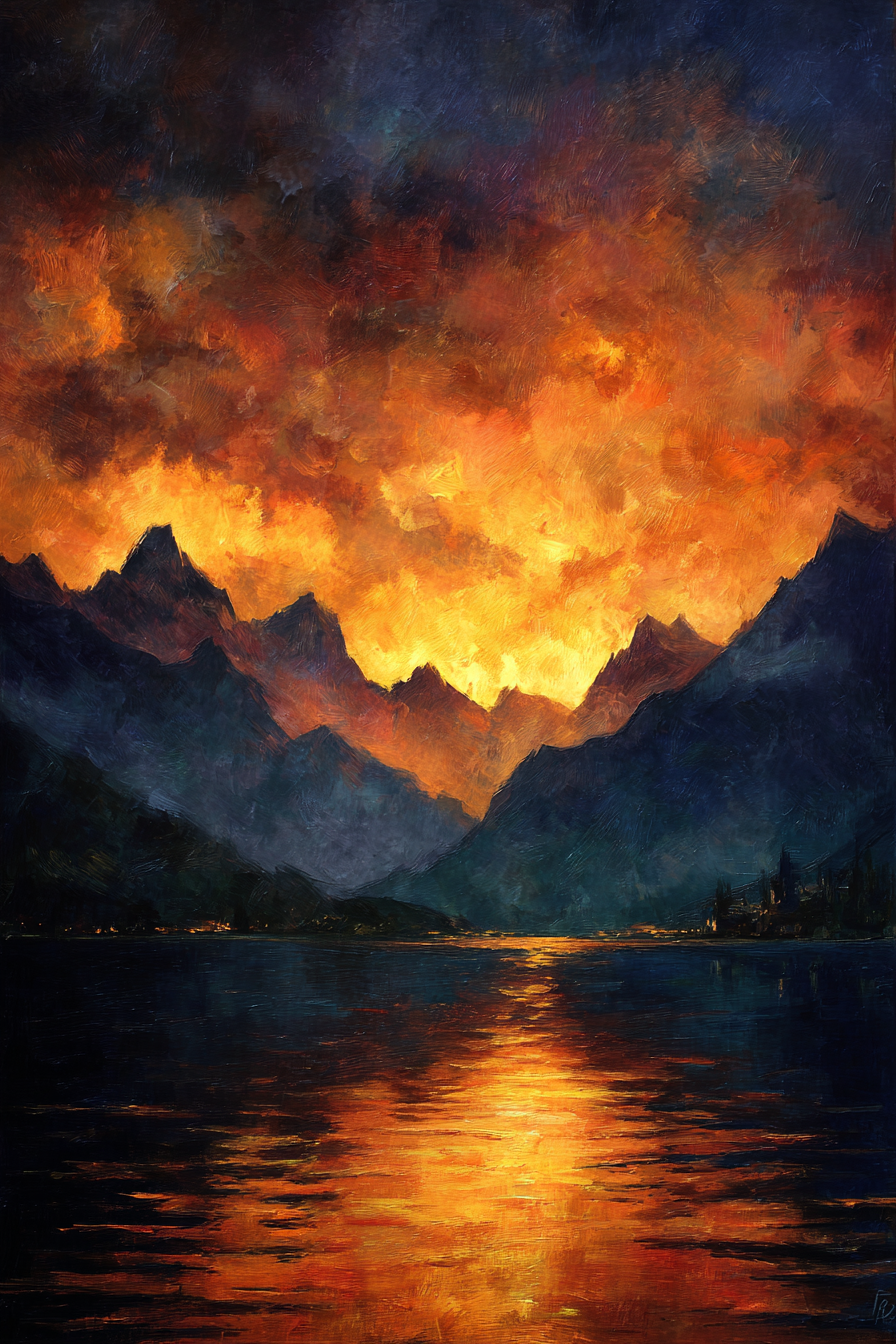 Dramatischer Sonnenuntergang Über Berglandschaft Mit Spiegelung | Nebel und Wetter | Natur
