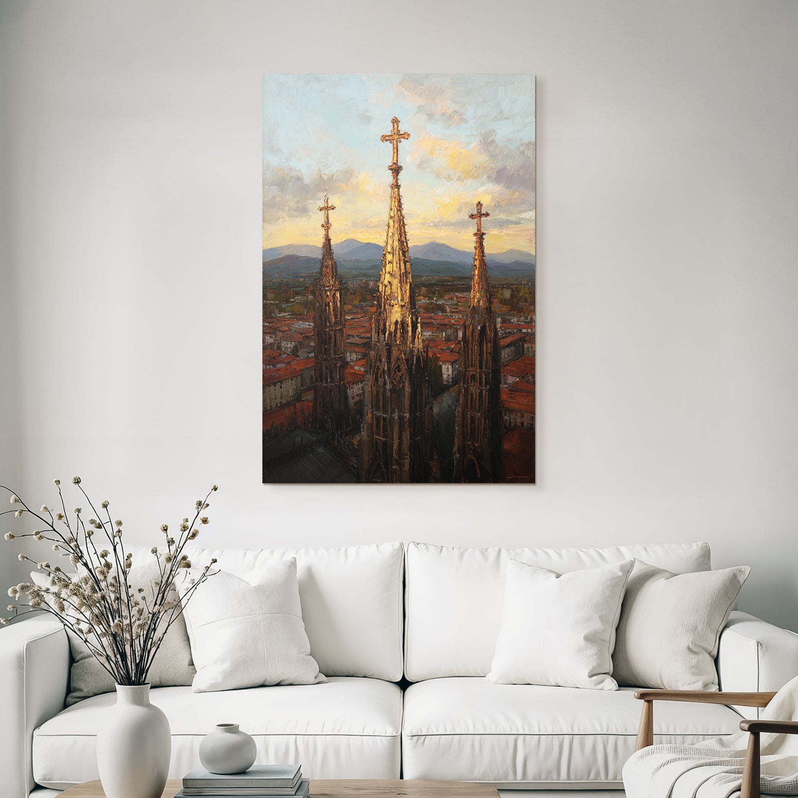Drei Kirchturmspitzen Bei Sonnenuntergang Stadtansicht