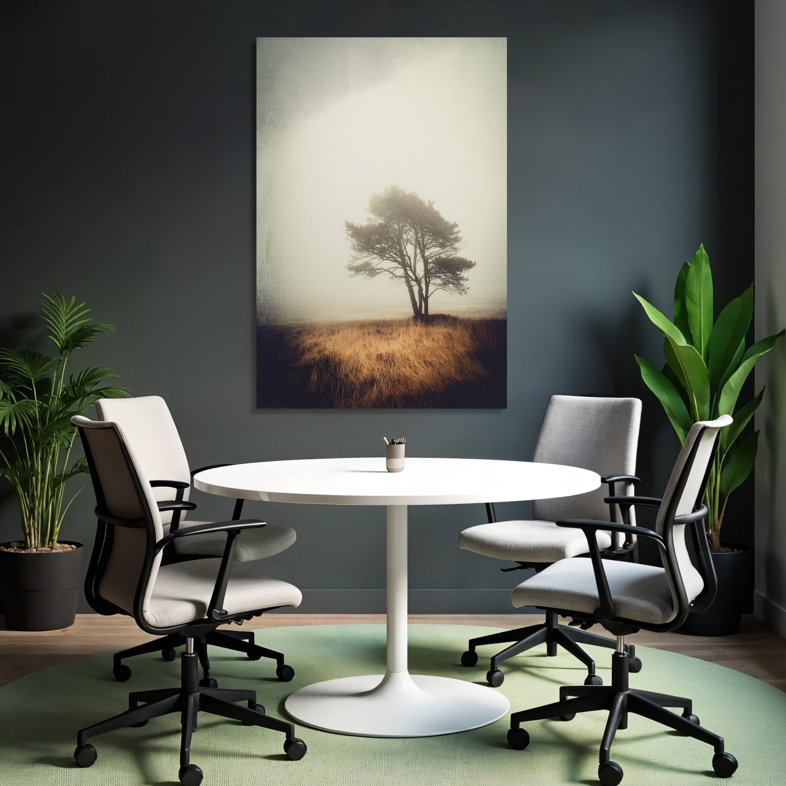Einsamer Baum In Nebliger Landschaft Mit Trockenem Goldenem Gras