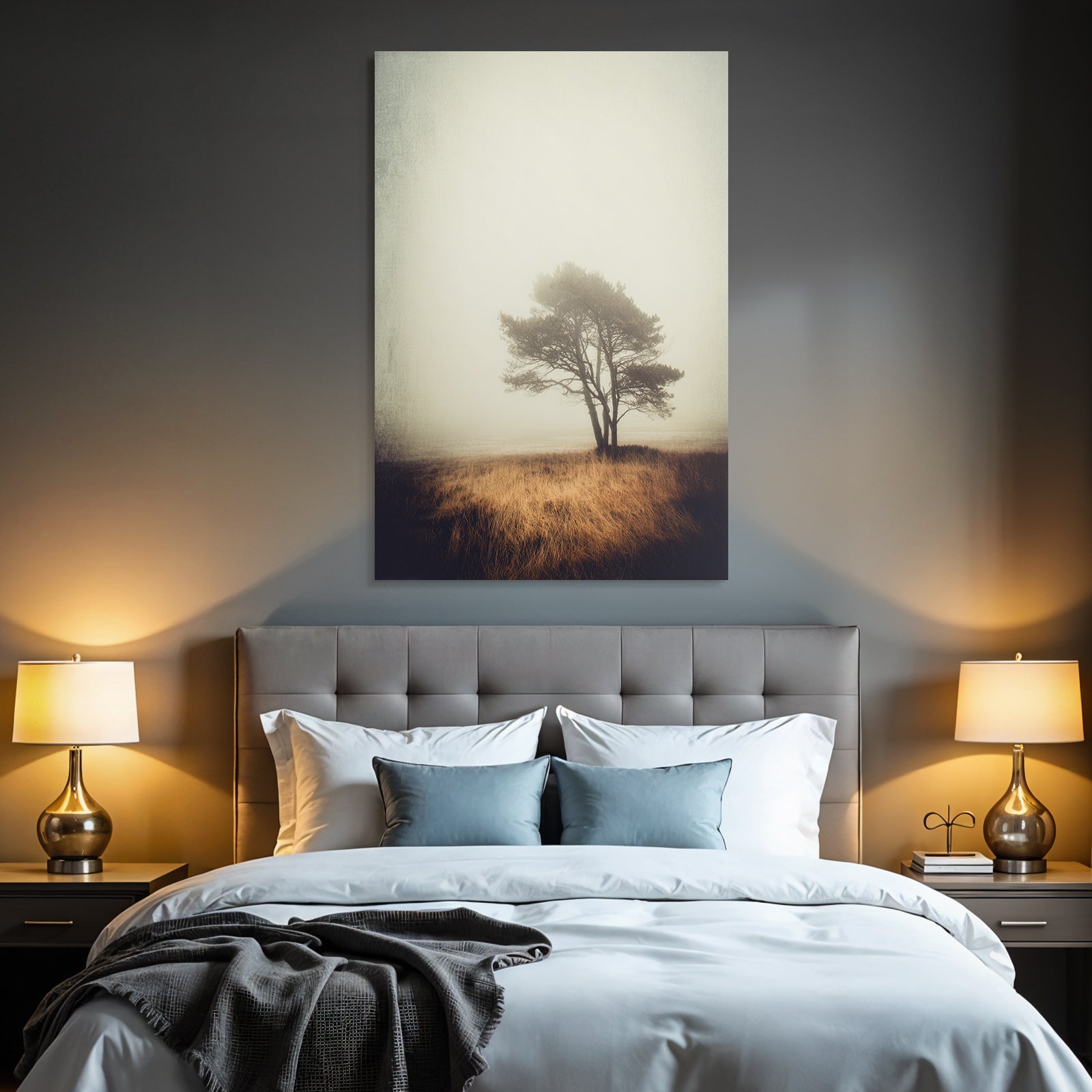 Einsamer Baum In Nebliger Landschaft Mit Trockenem Goldenem Gras
