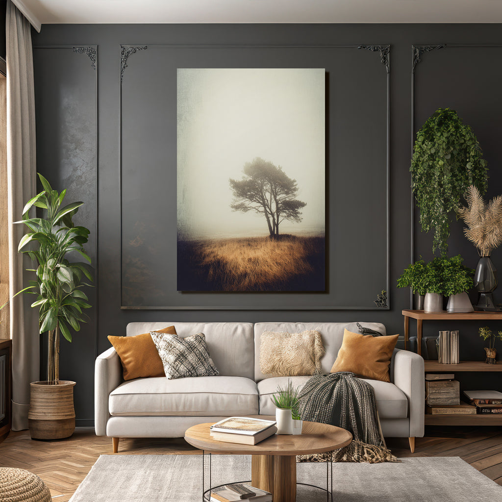 Einsamer Baum In Nebliger Landschaft Mit Trockenem Goldenem Gras