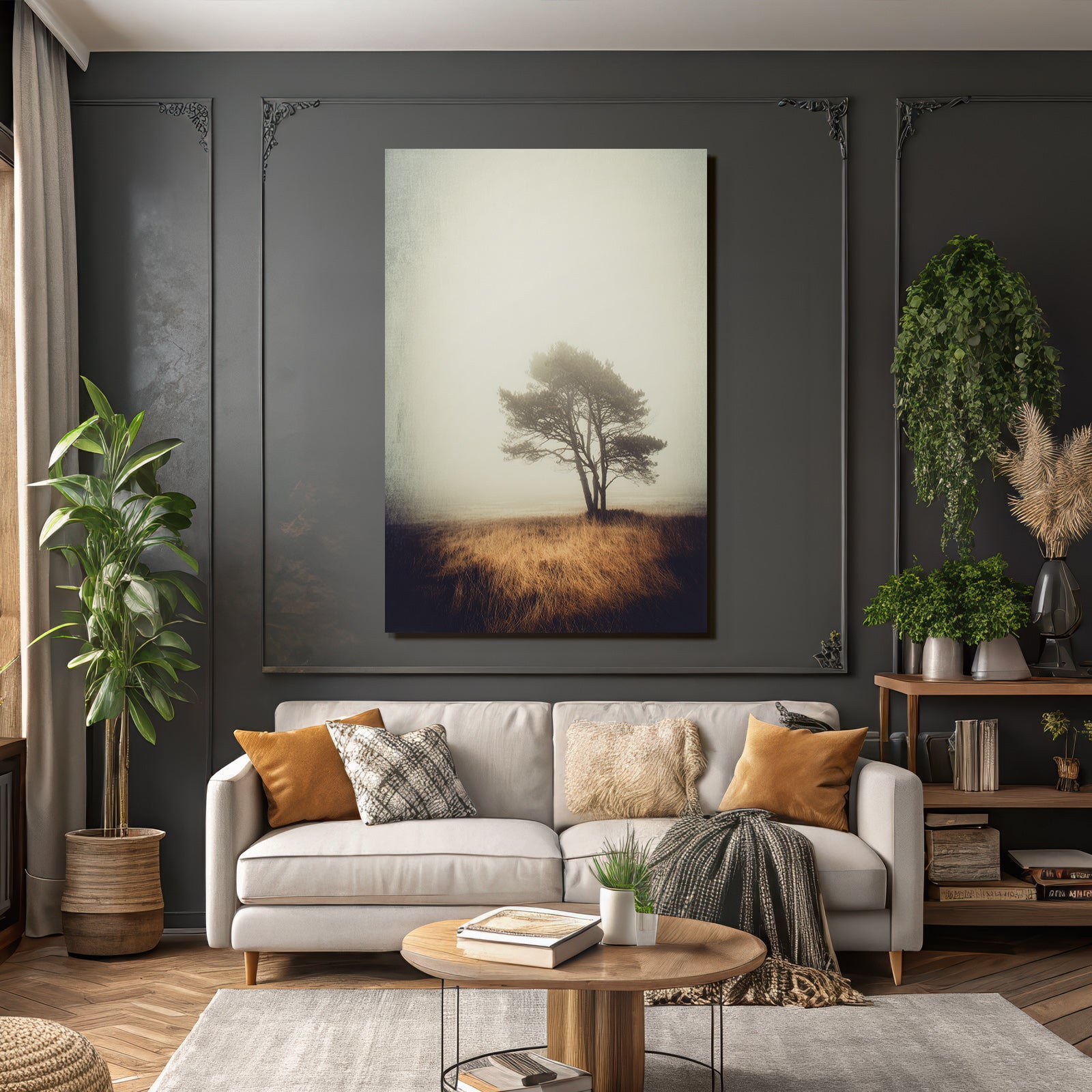 Einsamer Baum In Nebliger Landschaft Mit Trockenem Goldenem Gras