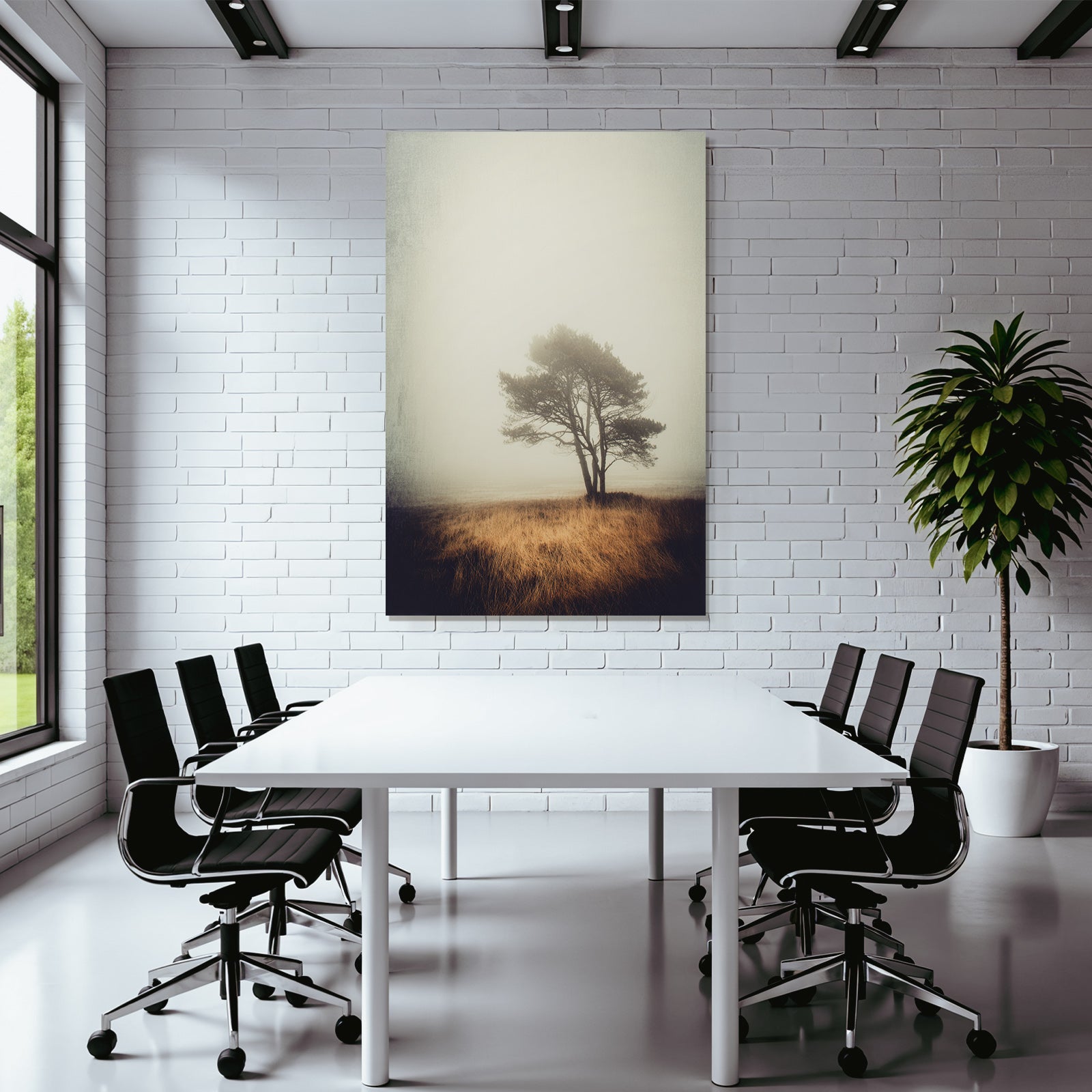 Einsamer Baum In Nebliger Landschaft Mit Trockenem Goldenem Gras