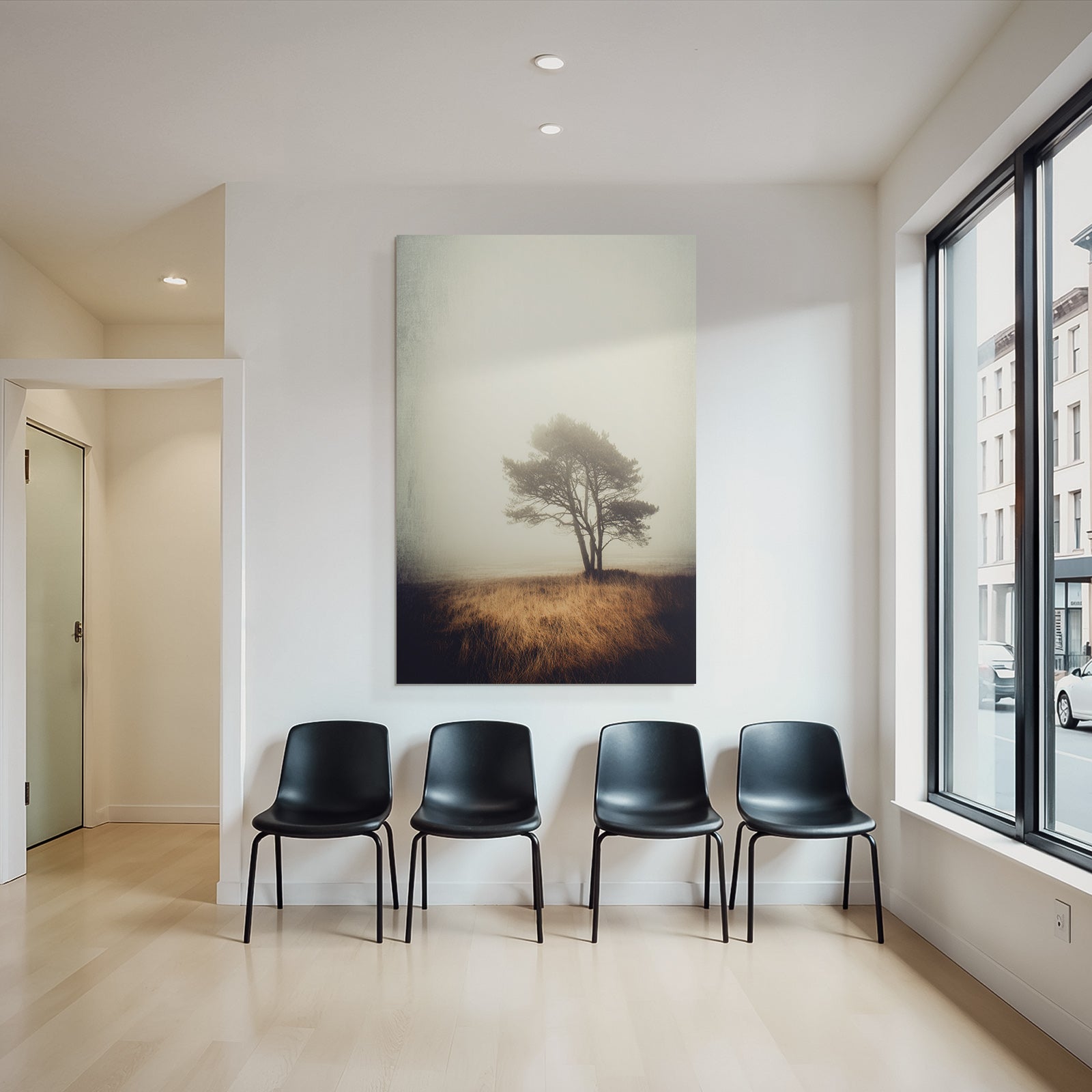 Einsamer Baum In Nebliger Landschaft Mit Trockenem Goldenem Gras