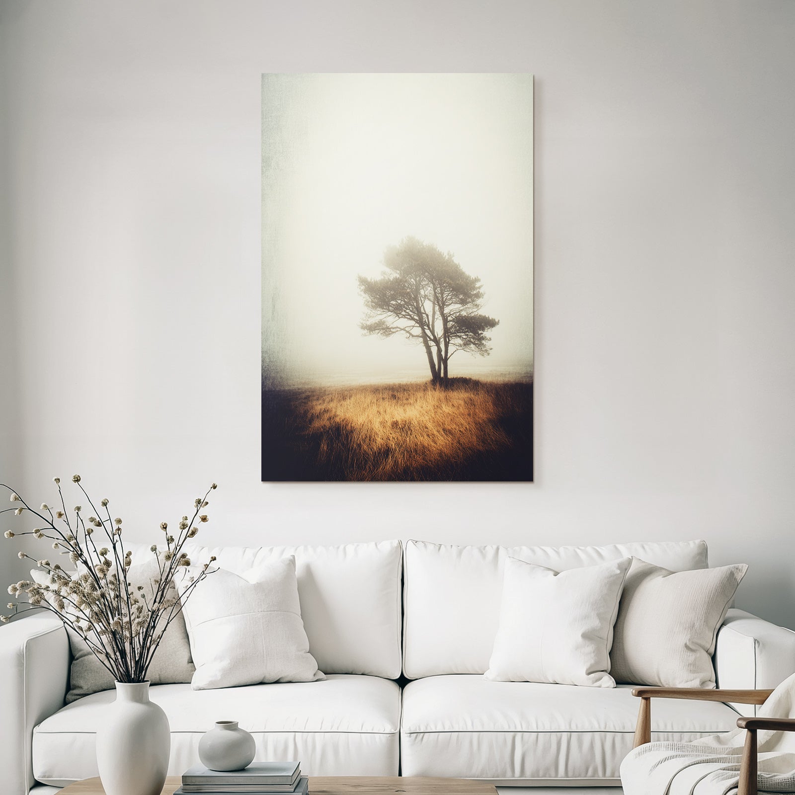 Einsamer Baum In Nebliger Landschaft Mit Trockenem Goldenem Gras