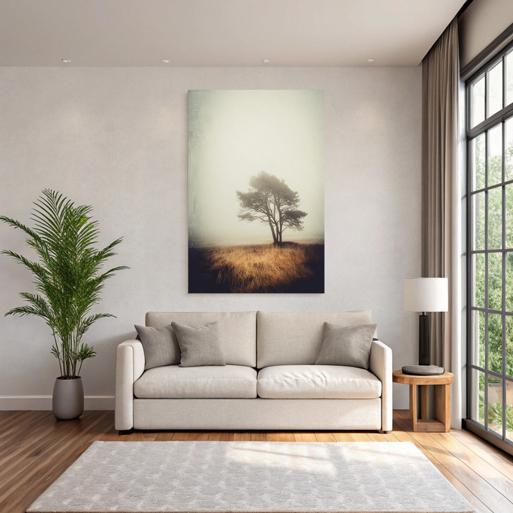 Einsamer Baum In Nebliger Landschaft Mit Trockenem Goldenem Gras