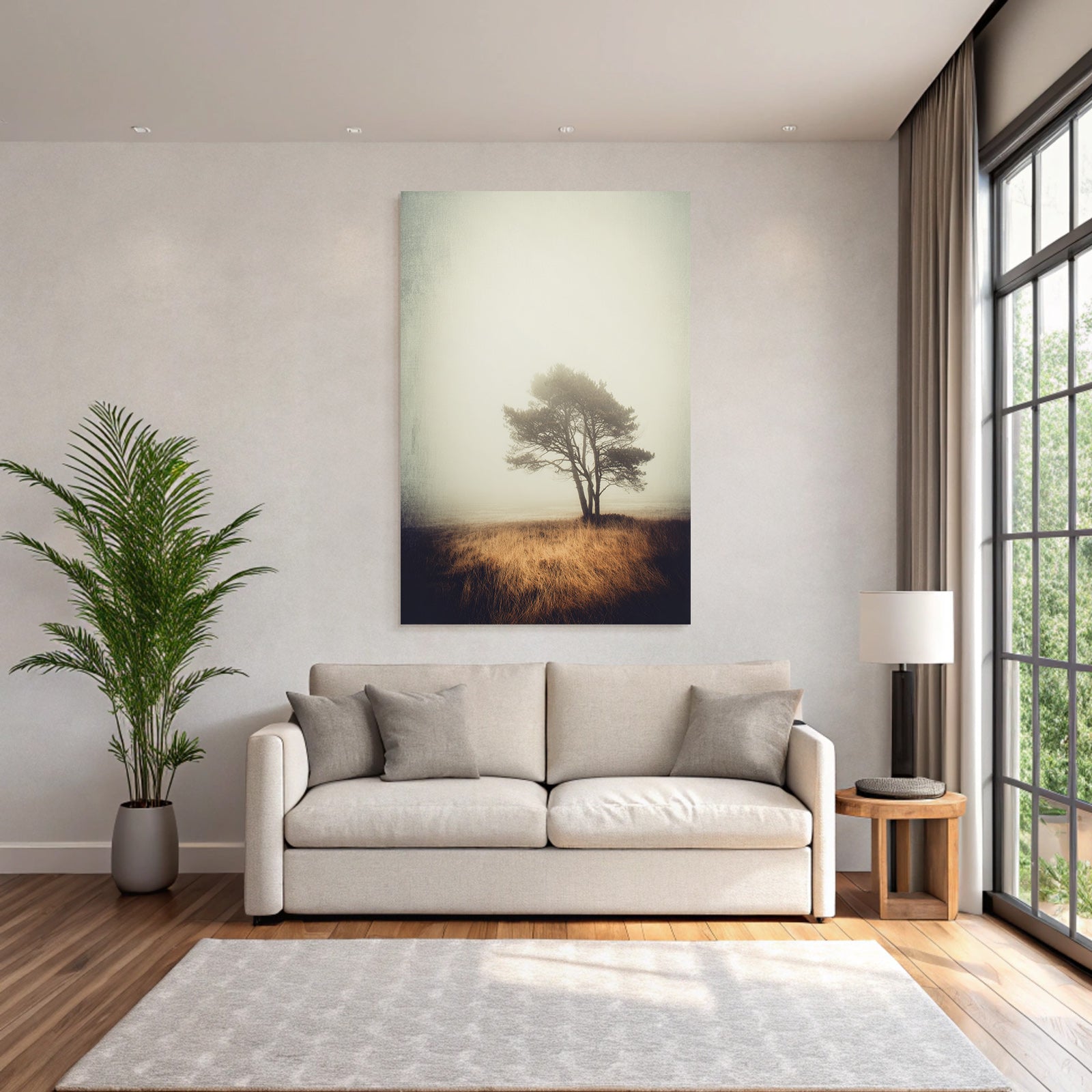 Einsamer Baum In Nebliger Landschaft Mit Trockenem Goldenem Gras