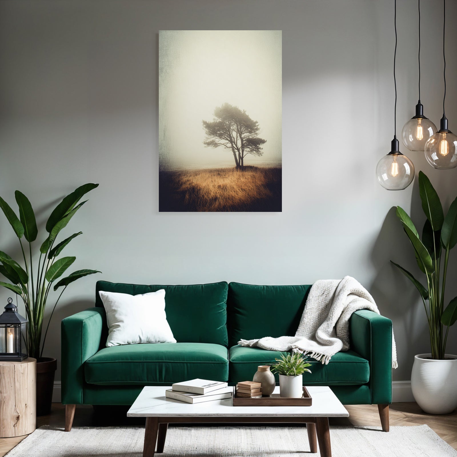 Einsamer Baum In Nebliger Landschaft Mit Trockenem Goldenem Gras
