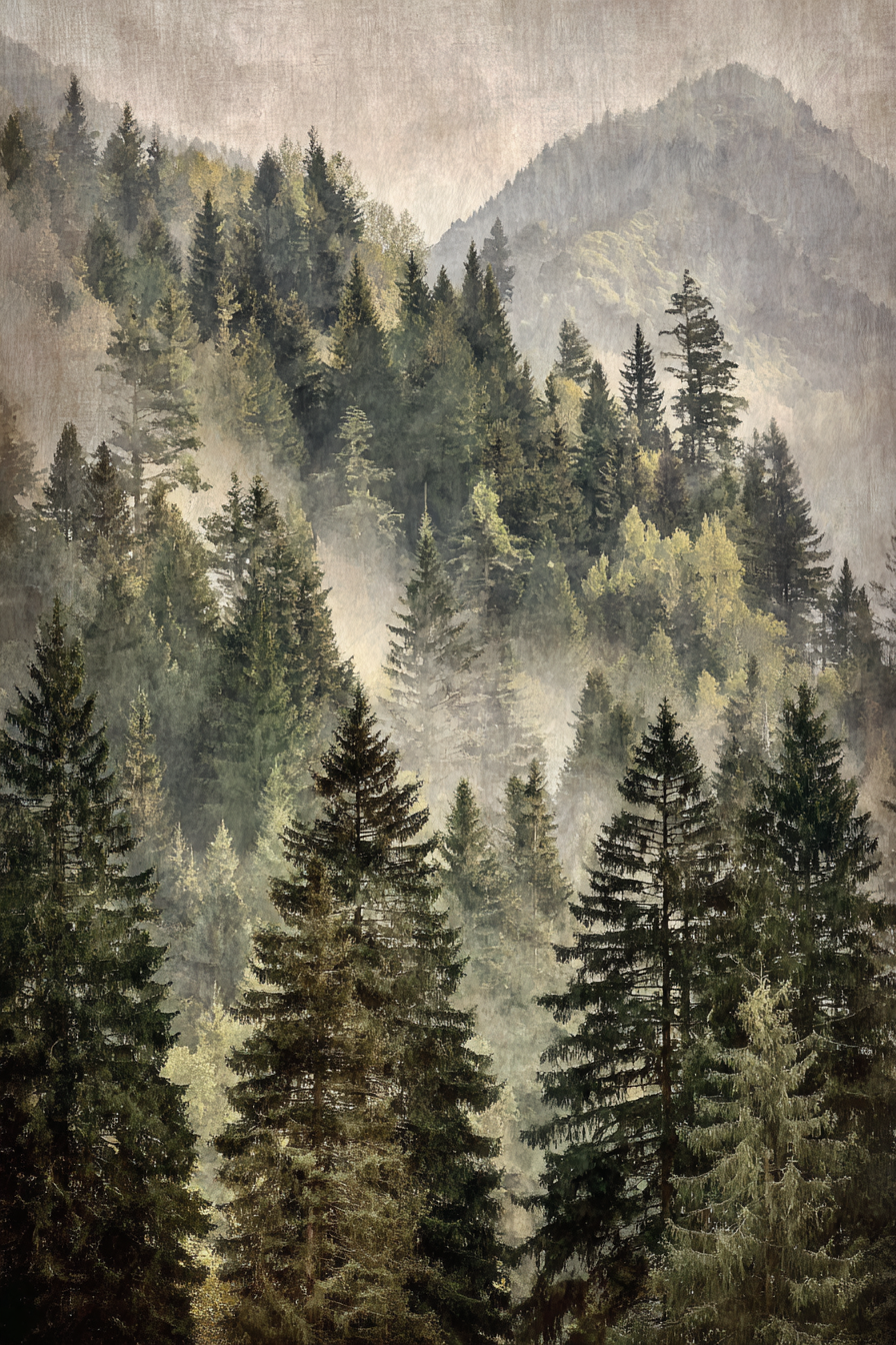 Friedliche Waldlandschaft Mit Nadelbäumen Nebel Und Bergkulisse | Nebel und Wetter | Natur