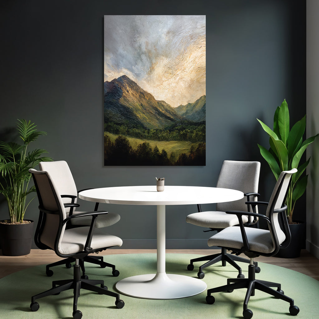 Gemalte Berglandschaft Mit Wolkenspiel Und Kühler Grünlandschaft