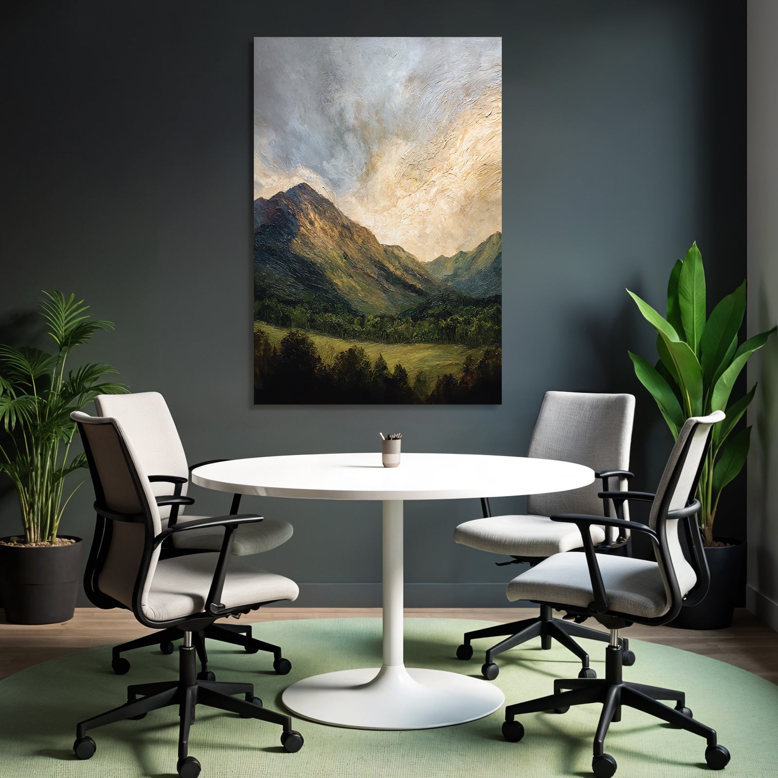Gemalte Berglandschaft Mit Wolkenspiel Und Kühler Grünlandschaft