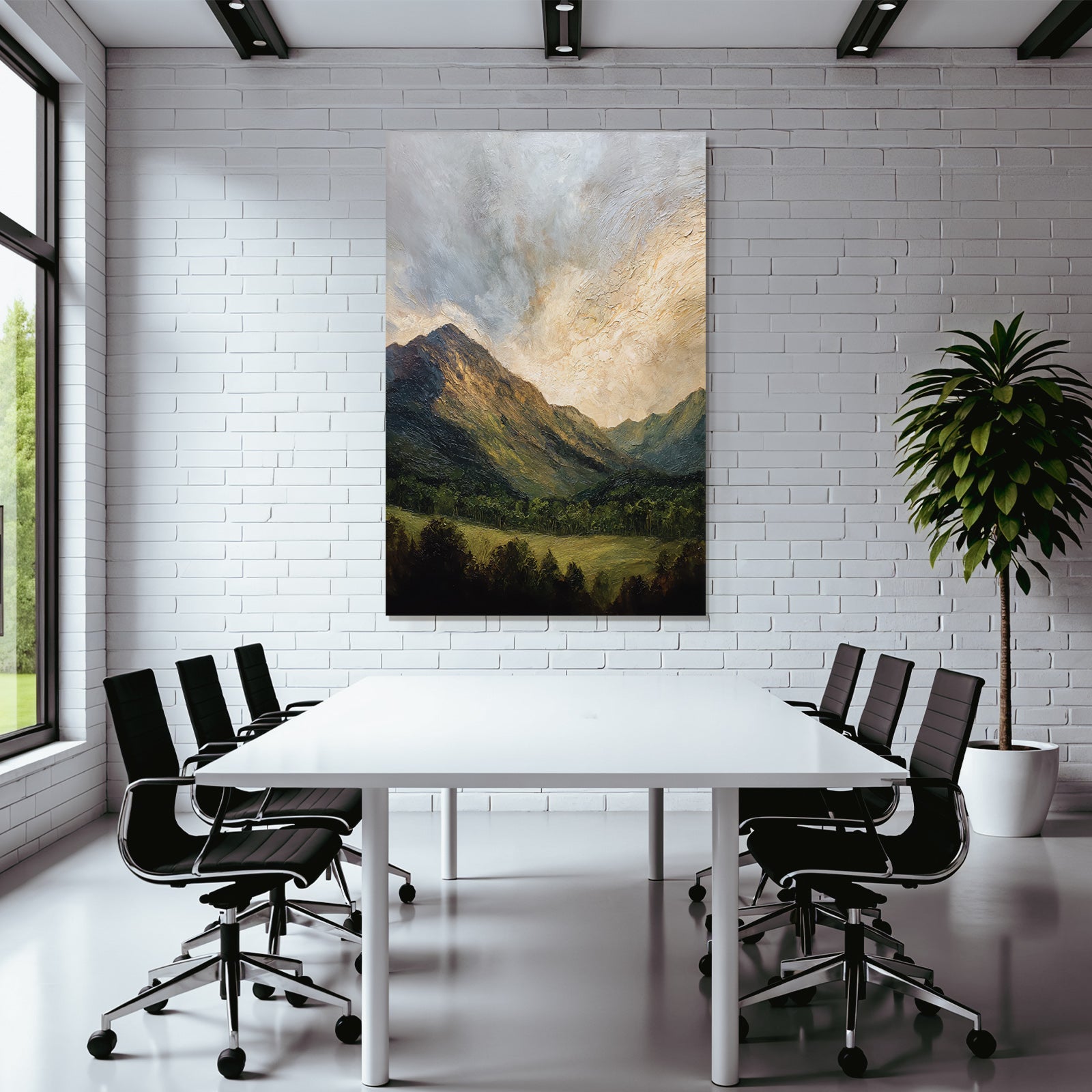 Gemalte Berglandschaft Mit Wolkenspiel Und Kühler Grünlandschaft