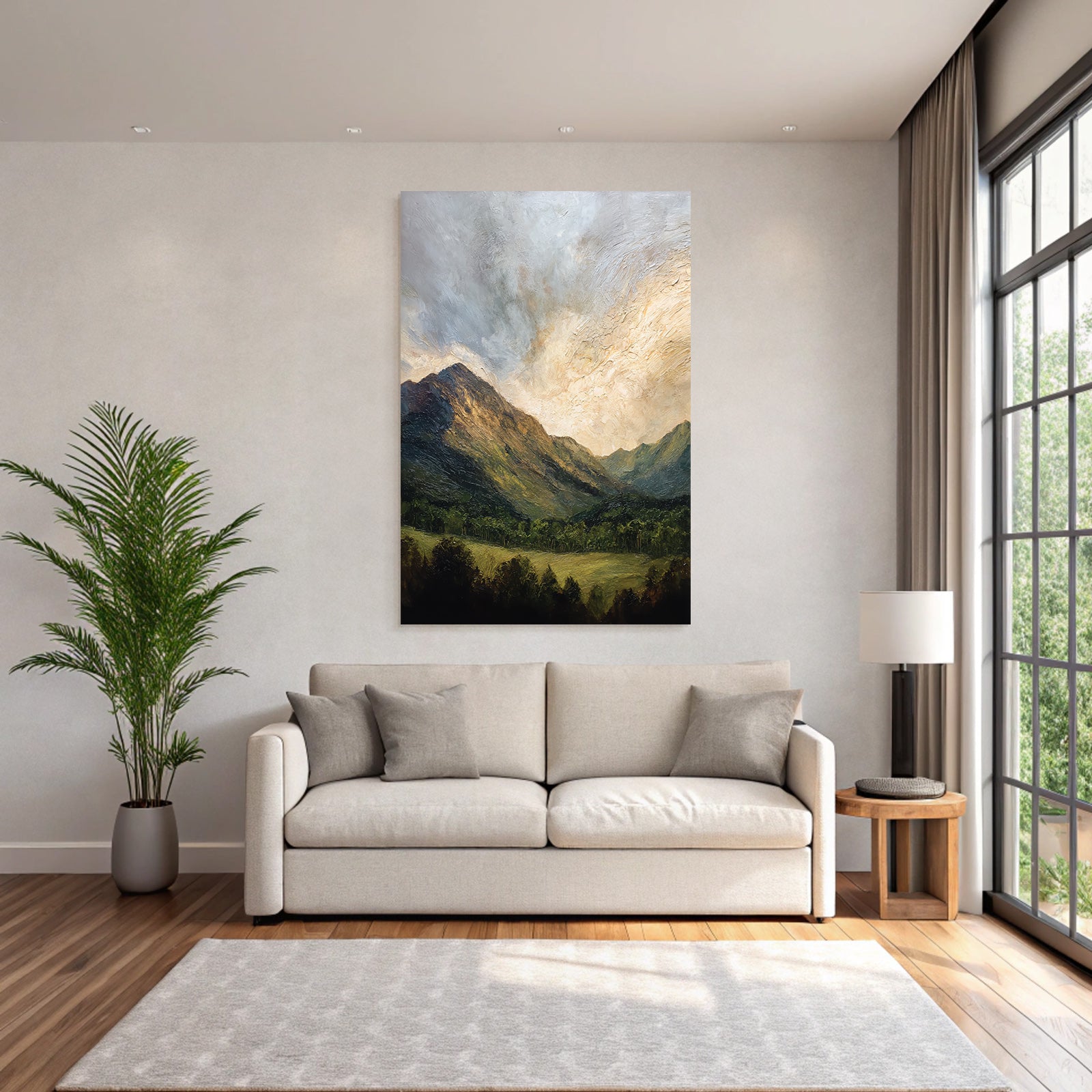 Gemalte Berglandschaft Mit Wolkenspiel Und Kühler Grünlandschaft