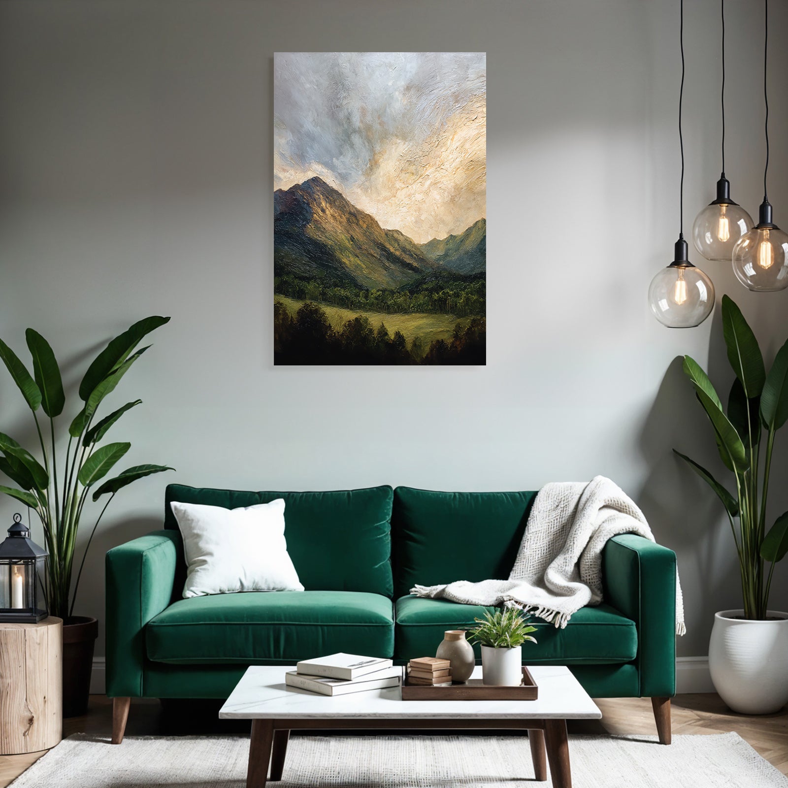 Gemalte Berglandschaft Mit Wolkenspiel Und Kühler Grünlandschaft