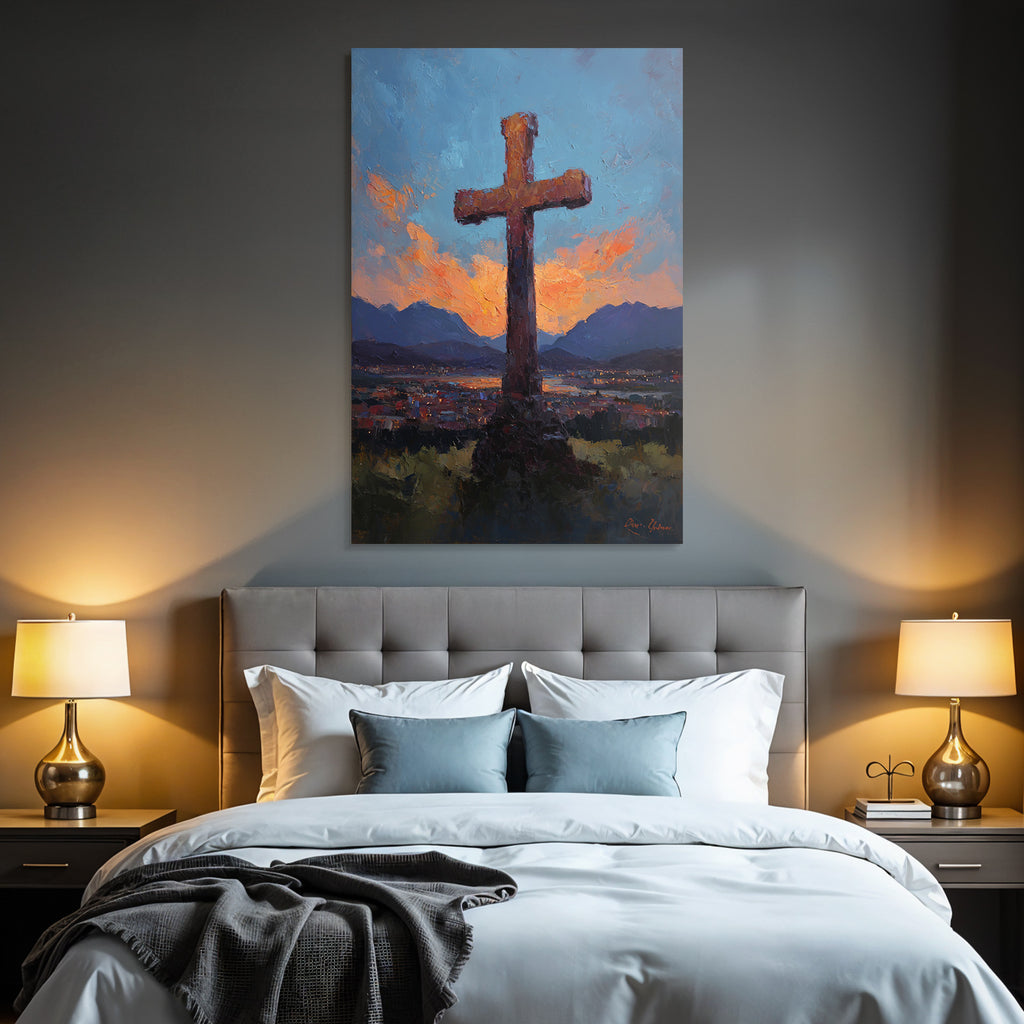 Grosses Kreuz Im Ausdrucksvollen Ölgemalde Bei Sonnenuntergang