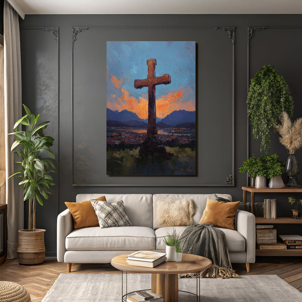 Grosses Kreuz Im Ausdrucksvollen Ölgemalde Bei Sonnenuntergang