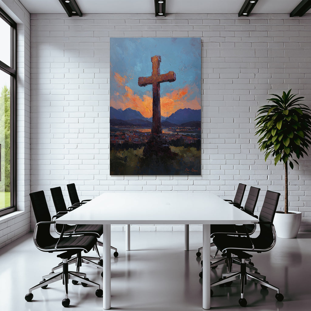 Grosses Kreuz Im Ausdrucksvollen Ölgemalde Bei Sonnenuntergang