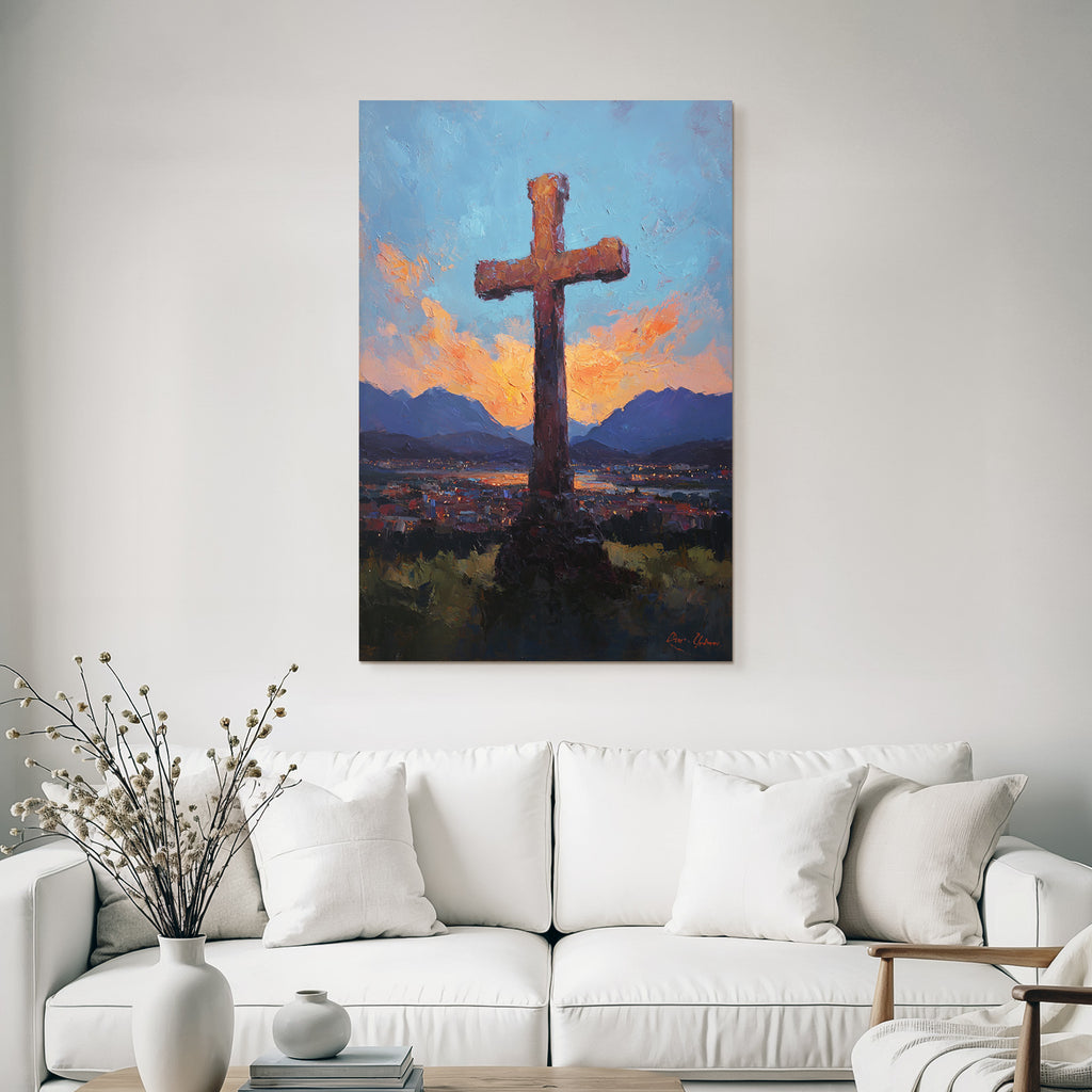 Grosses Kreuz Im Ausdrucksvollen Ölgemalde Bei Sonnenuntergang