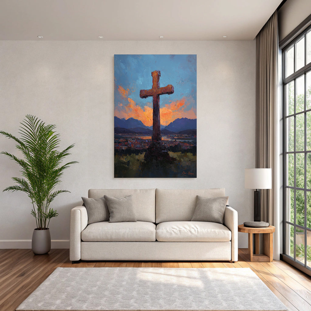 Grosses Kreuz Im Ausdrucksvollen Ölgemalde Bei Sonnenuntergang