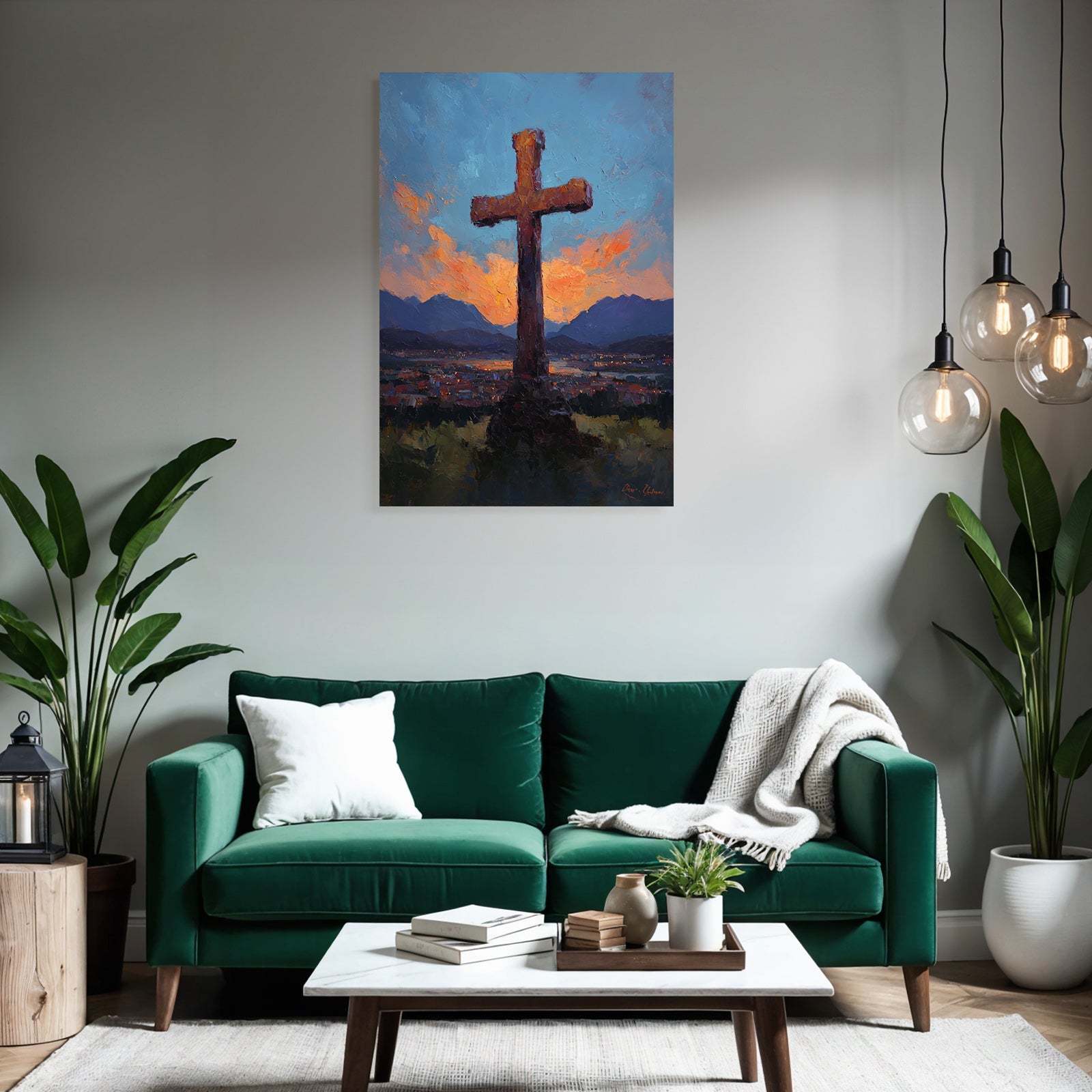 Grosses Kreuz Im Ausdrucksvollen Ölgemalde Bei Sonnenuntergang