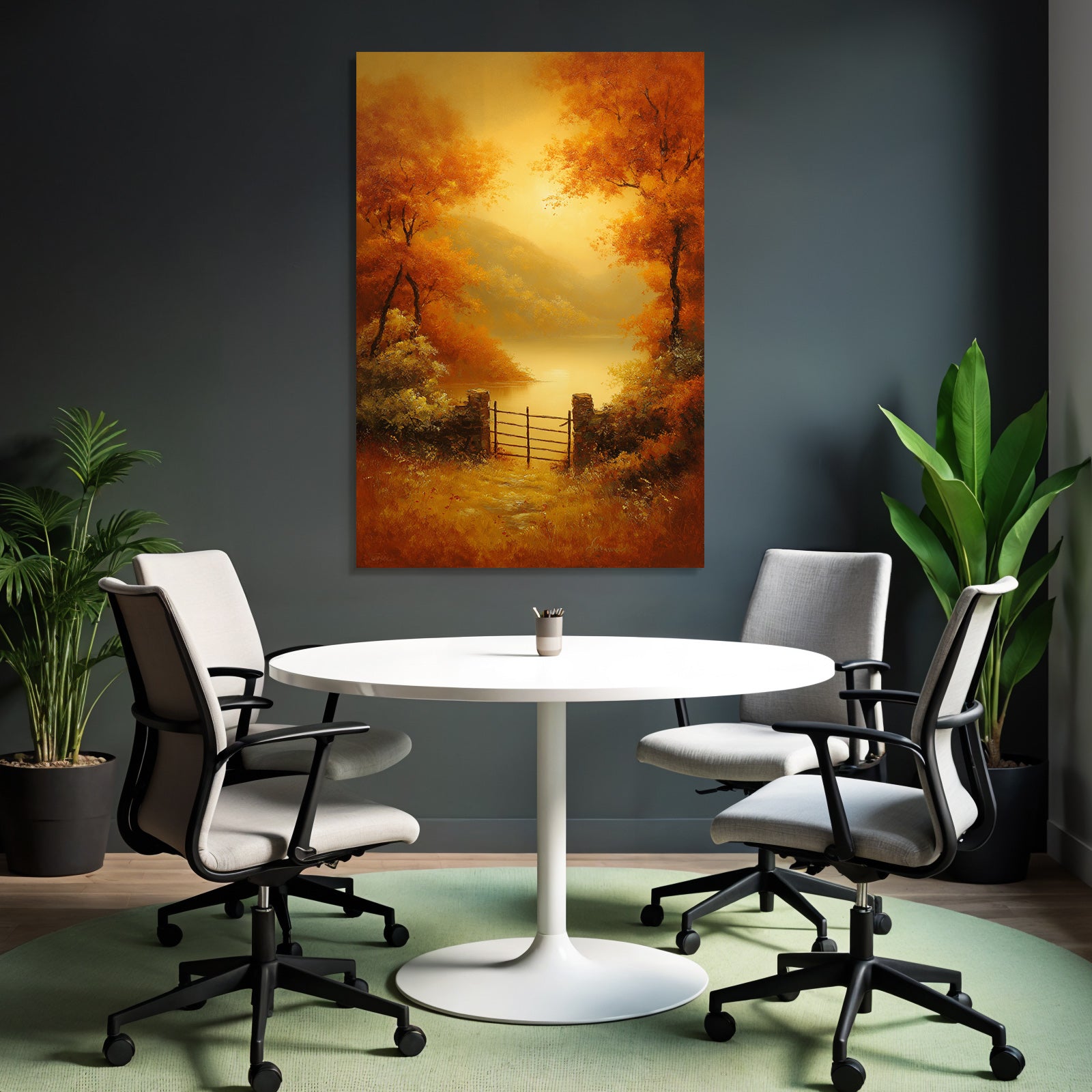 Herbstliche Landschaft Mit Tor Und Orangen Bäumen Am Wasser