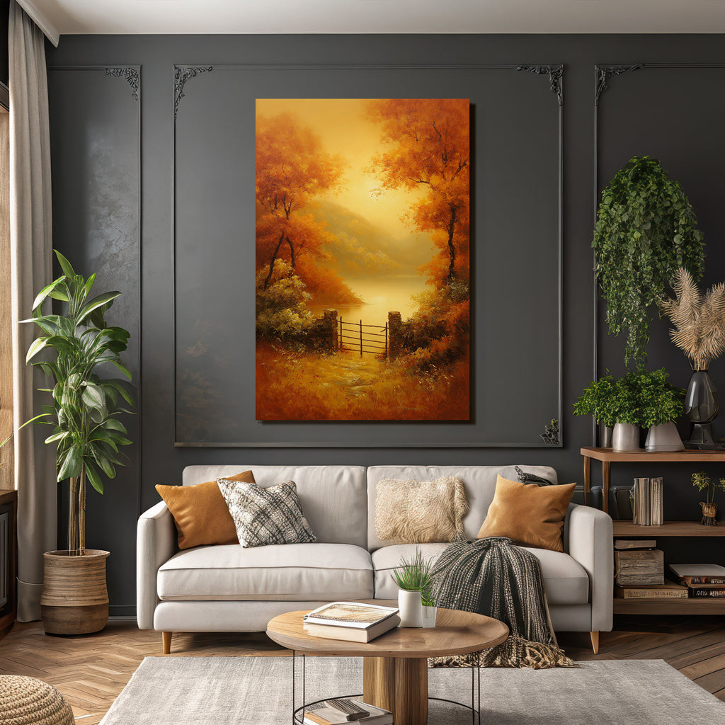 Herbstliche Landschaft Mit Tor Und Orangen Bäumen Am Wasser