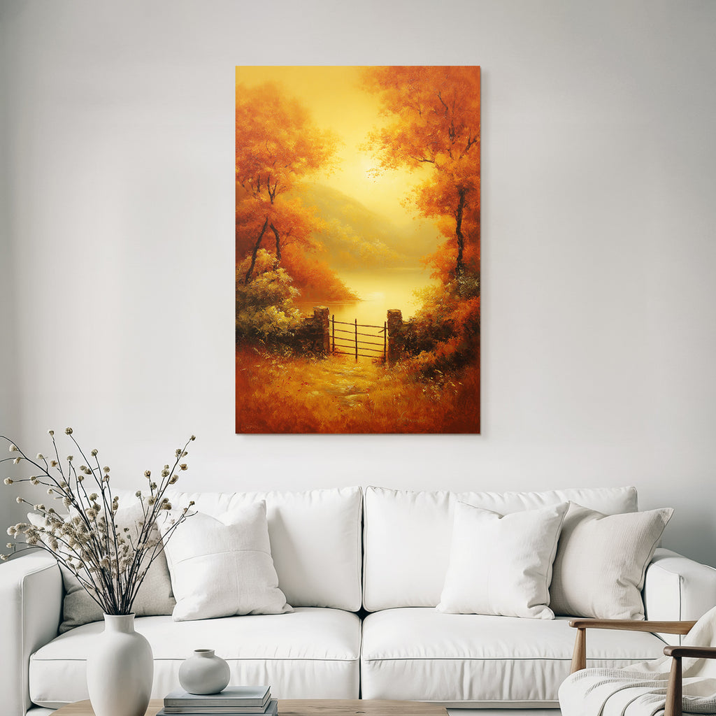 Herbstliche Landschaft Mit Tor Und Orangen Bäumen Am Wasser