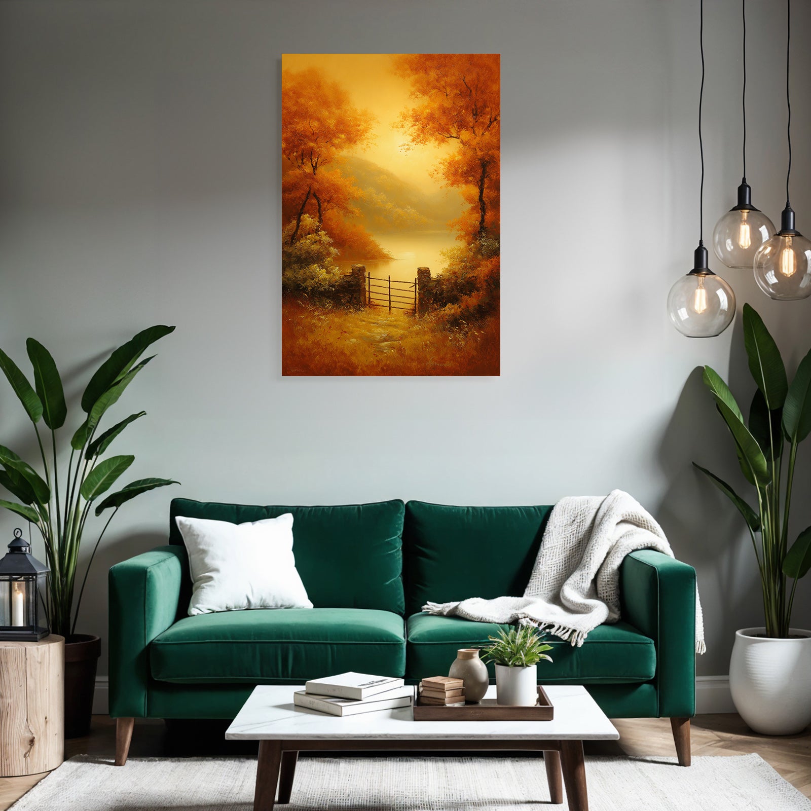 Herbstliche Landschaft Mit Tor Und Orangen Bäumen Am Wasser
