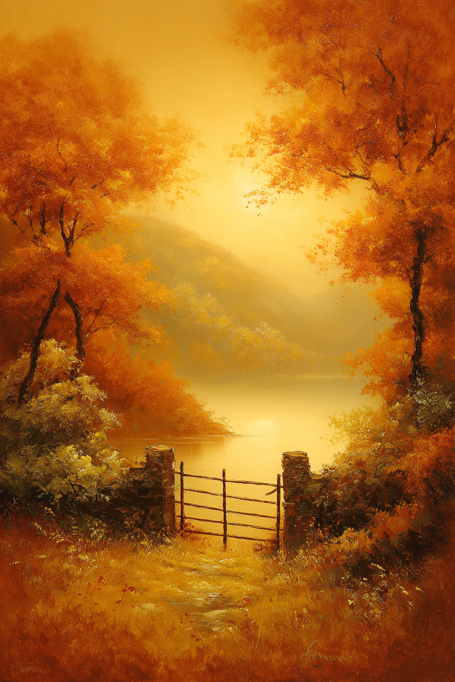 Herbstliche Landschaft Mit Tor Und Orangen Bäumen Am Wasser | Nebel und Wetter | Natur