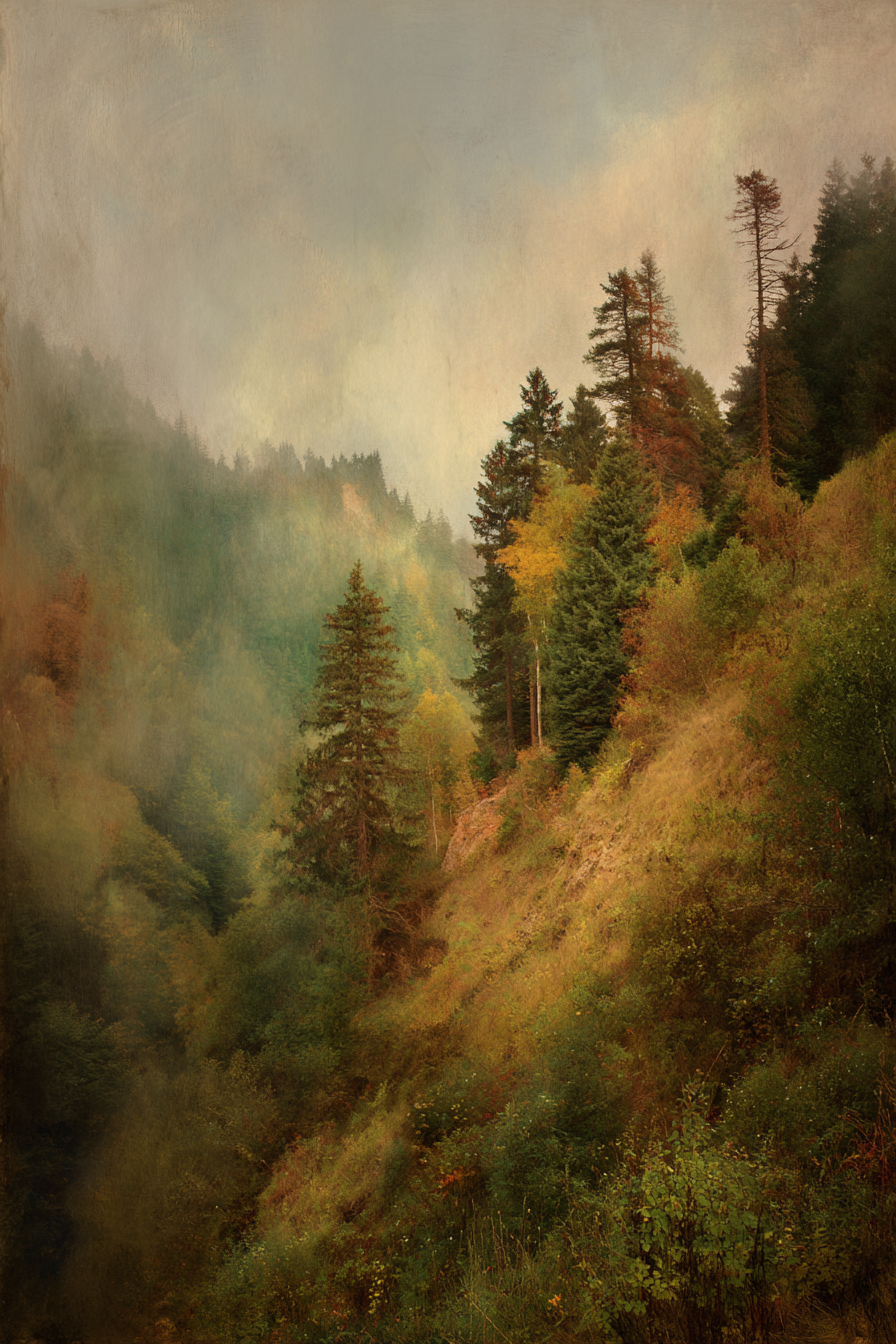 Herbstnebliger Waldhang Im Gebirge | Nebel und Wetter | Natur