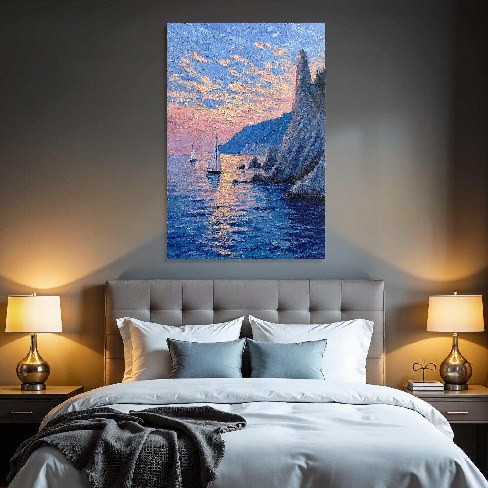 Küstenlandschaft Im Sonnenuntergang Mit Segelbooten Und Felsformationen