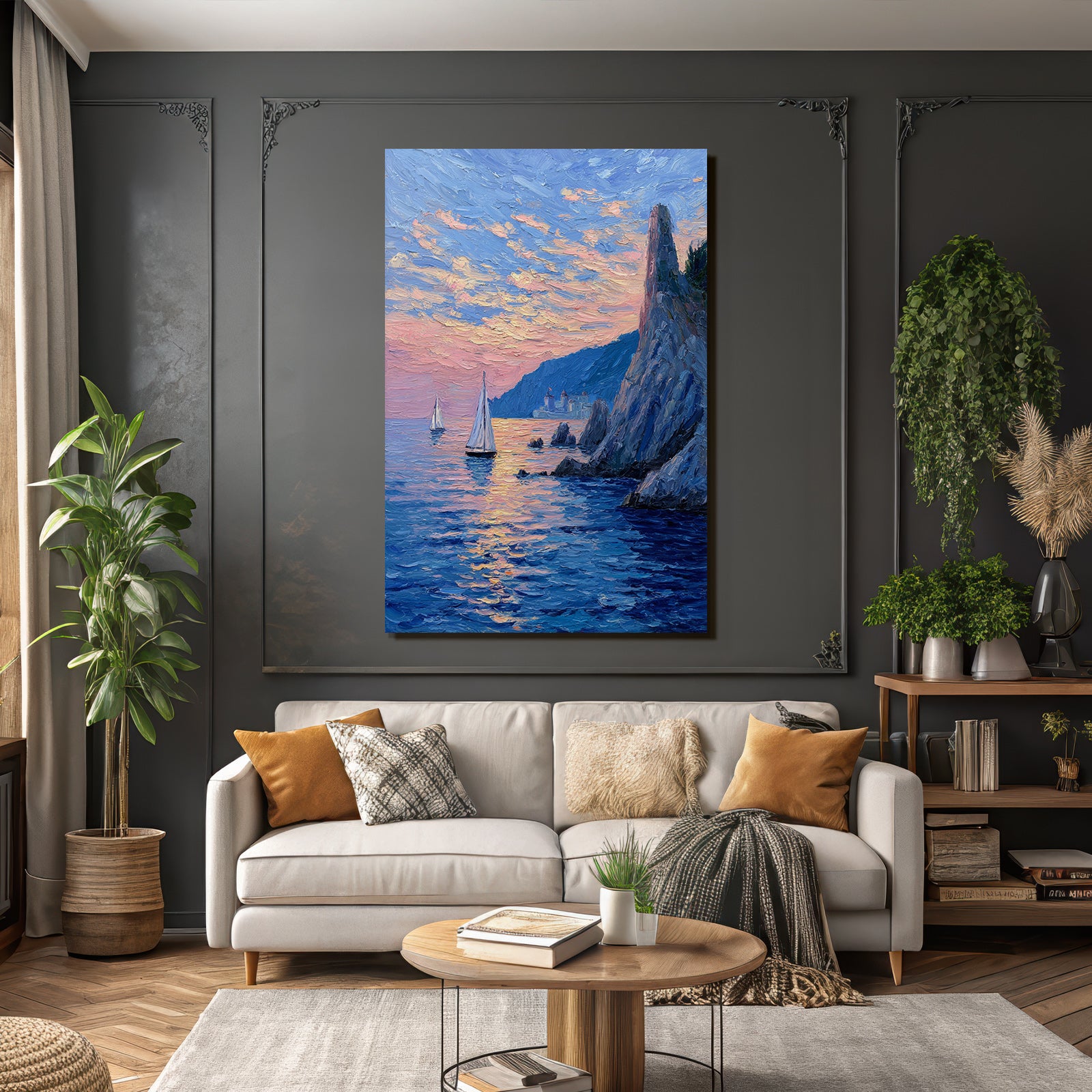 Küstenlandschaft Im Sonnenuntergang Mit Segelbooten Und Felsformationen