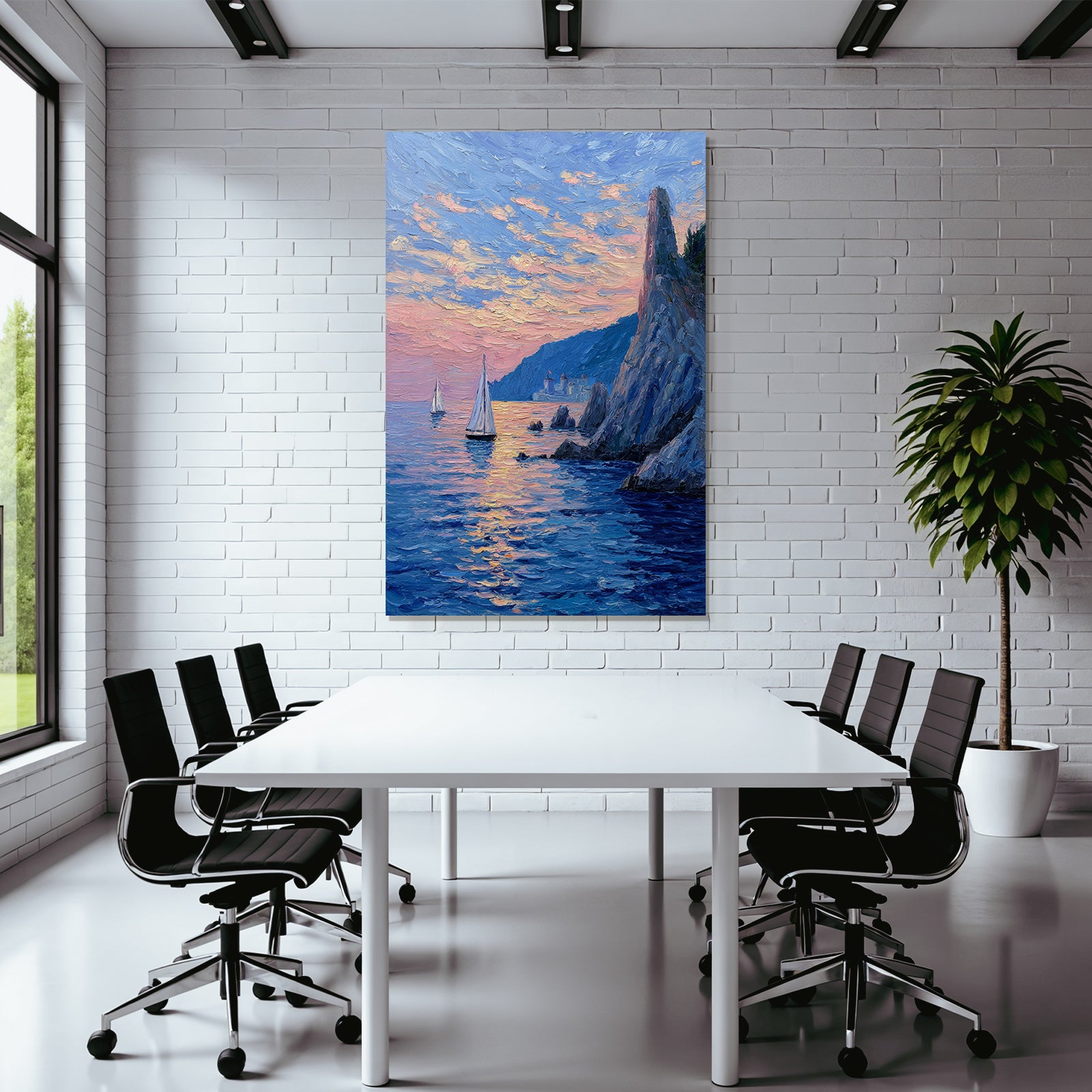 Küstenlandschaft Im Sonnenuntergang Mit Segelbooten Und Felsformationen