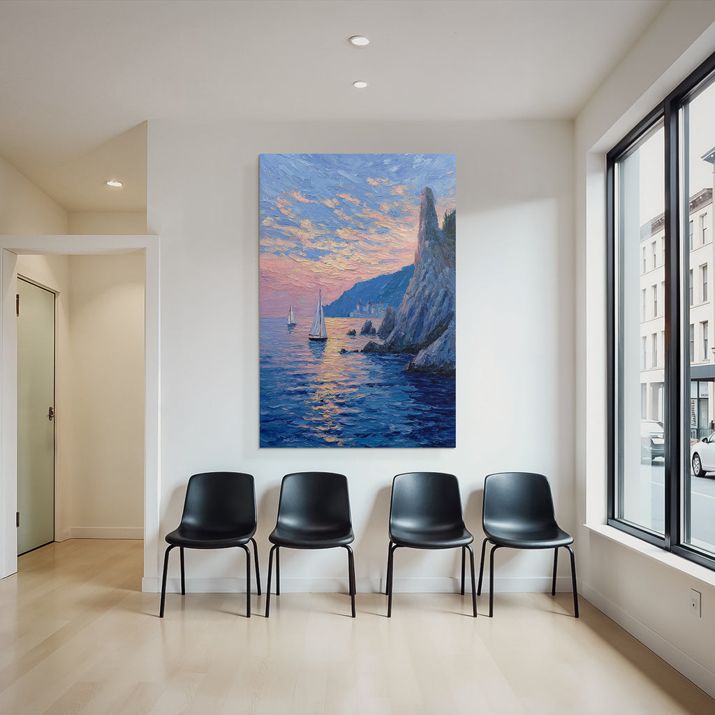 Küstenlandschaft Im Sonnenuntergang Mit Segelbooten Und Felsformationen