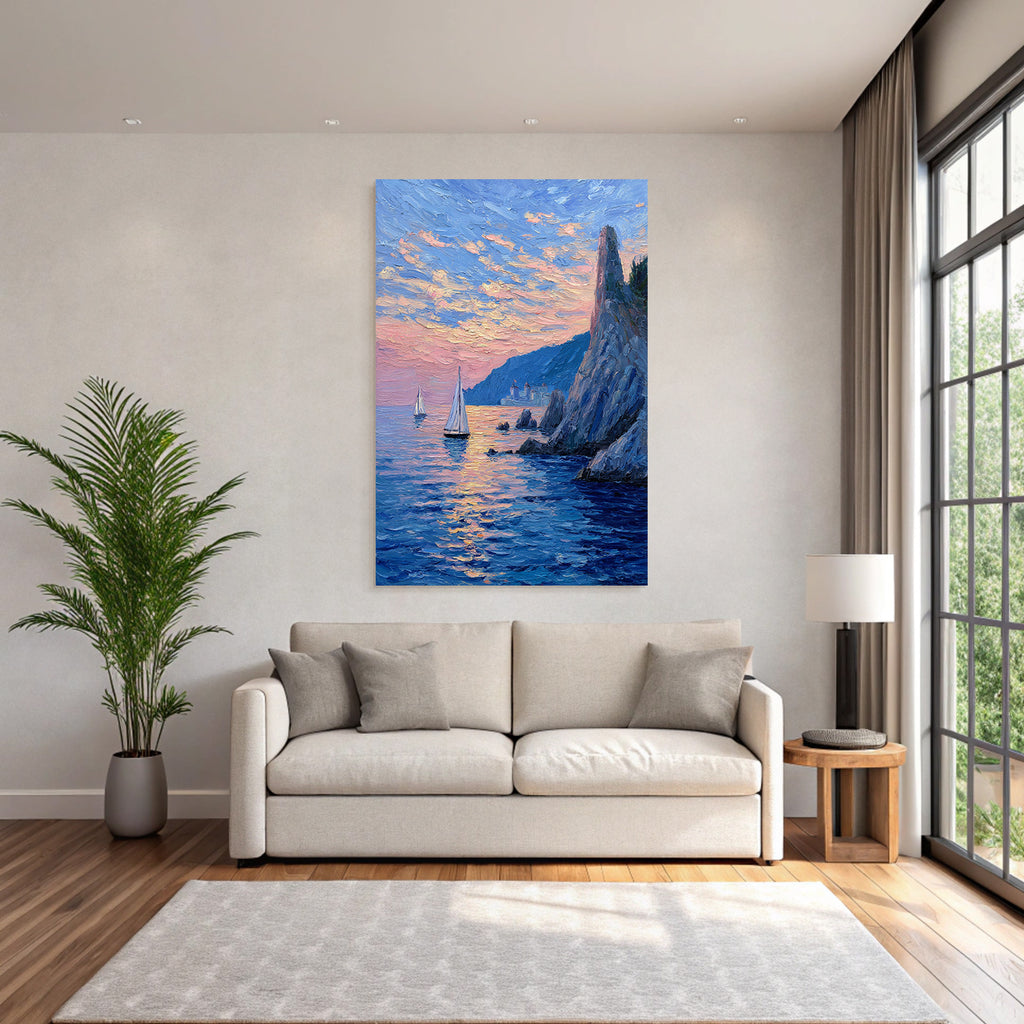 Küstenlandschaft Im Sonnenuntergang Mit Segelbooten Und Felsformationen