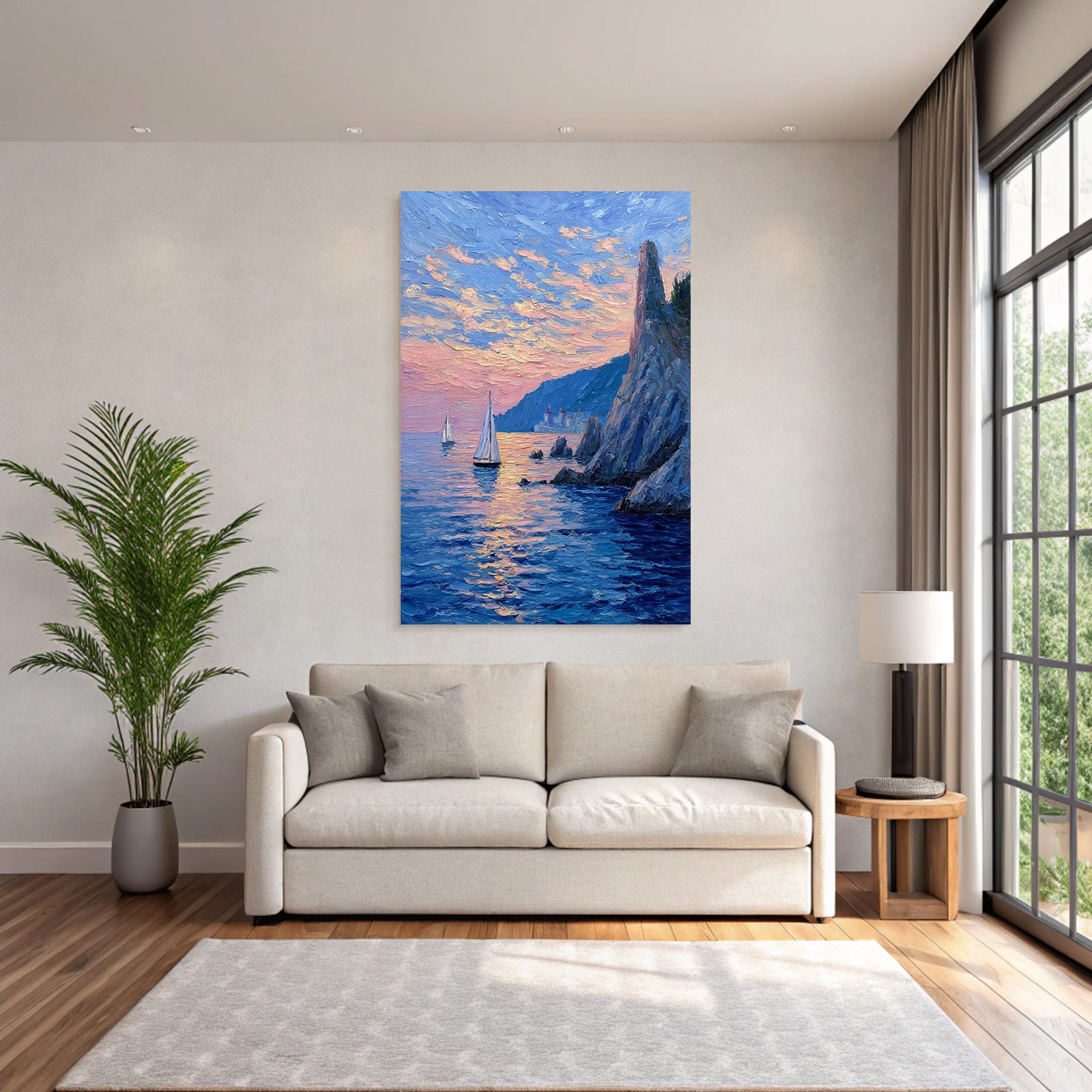 Küstenlandschaft Im Sonnenuntergang Mit Segelbooten Und Felsformationen