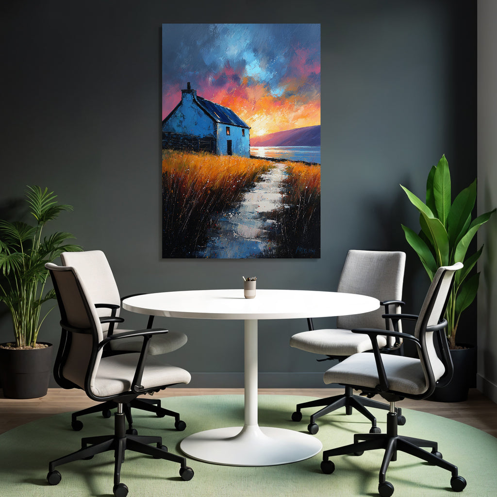 Landschaft Mit Blaüm Haus Am Wasser Bei Sonnenuntergang