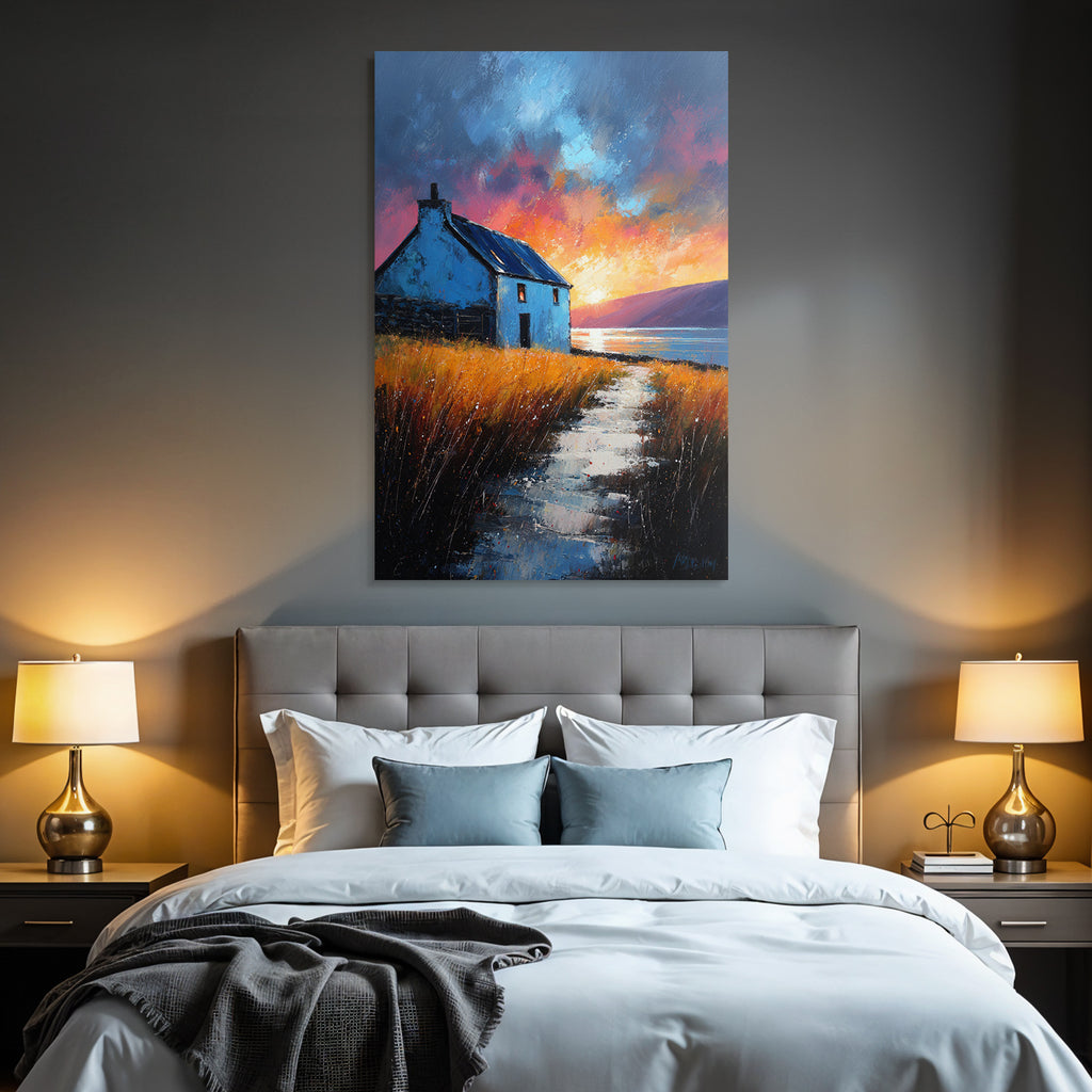 Landschaft Mit Blaüm Haus Am Wasser Bei Sonnenuntergang