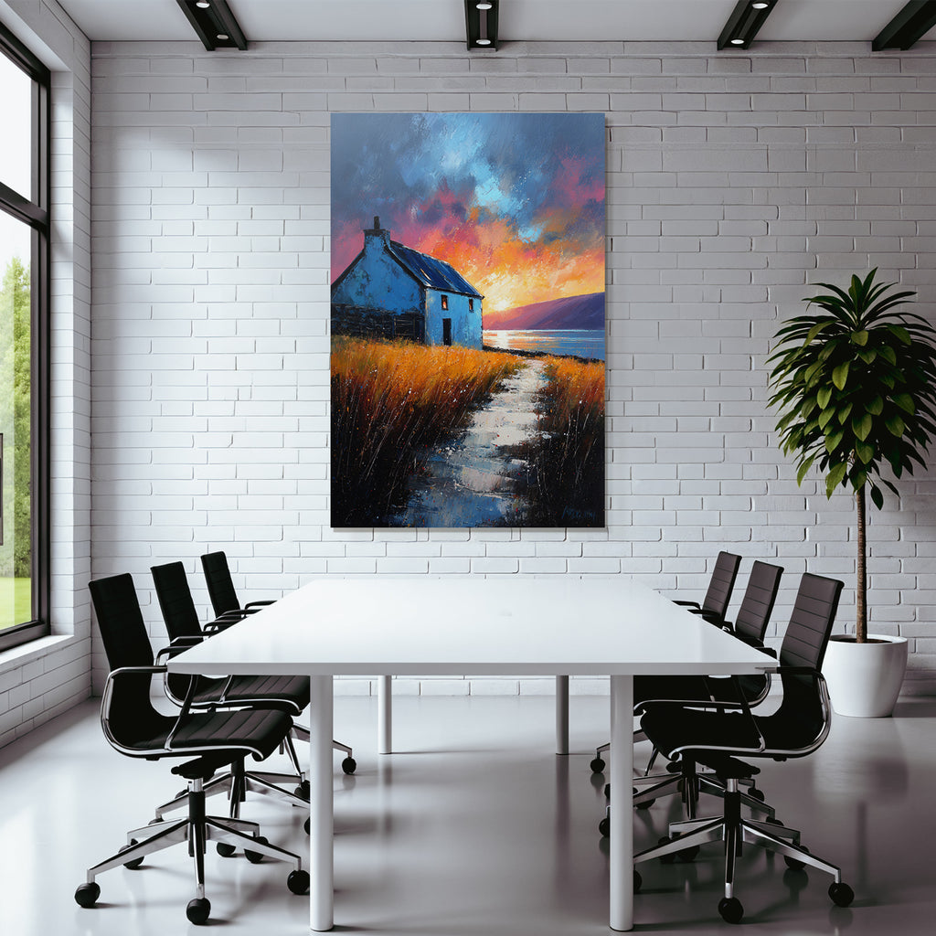 Landschaft Mit Blaüm Haus Am Wasser Bei Sonnenuntergang