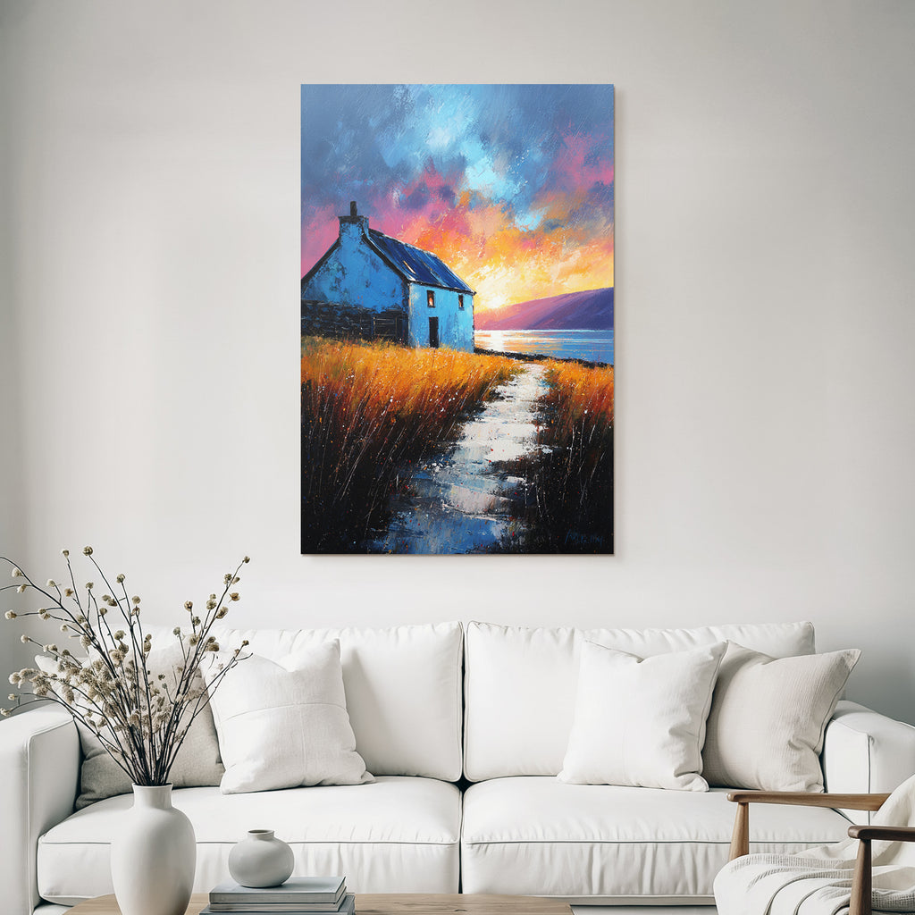 Landschaft Mit Blaüm Haus Am Wasser Bei Sonnenuntergang