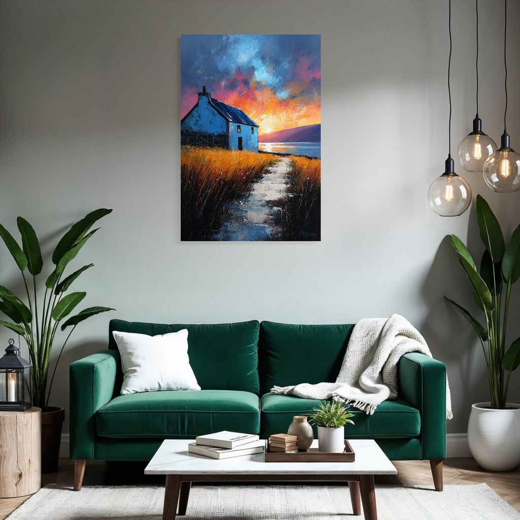 Landschaft Mit Blaüm Haus Am Wasser Bei Sonnenuntergang