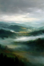 Malerische Landschaft Mit Nebeligen Hügeln Und Wolkenbedecktem Himmel | Nebel und Wetter | Natur