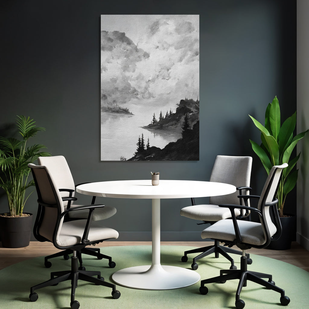 Monochrome landscape painting of a waterfront with trees and rocks under a cloudy sky