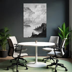 Monochrome landscape painting of a waterfront with trees and rocks under a cloudy sky