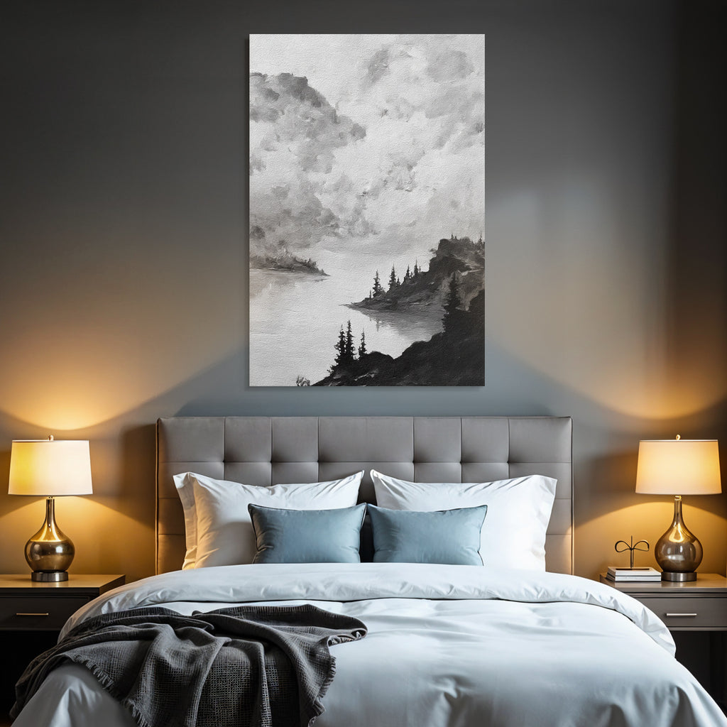 Monochrome landscape painting of a waterfront with trees and rocks under a cloudy sky