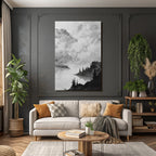 Monochrome landscape painting of a waterfront with trees and rocks under a cloudy sky