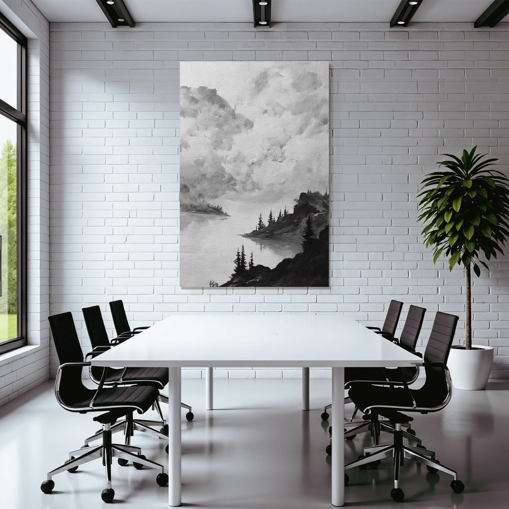 Monochrome landscape painting of a waterfront with trees and rocks under a cloudy sky