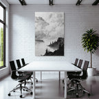 Monochrome landscape painting of a waterfront with trees and rocks under a cloudy sky